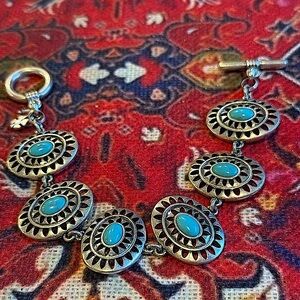 Southwestern Boho Lucky Brand Turquoise Blue Stones Silver Color Link Bracelet